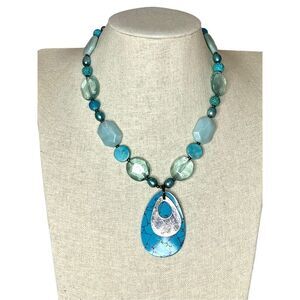 Artisan Silver 925 Amazonite Crystal, Pearl, Faux Turquoise Statement Necklace